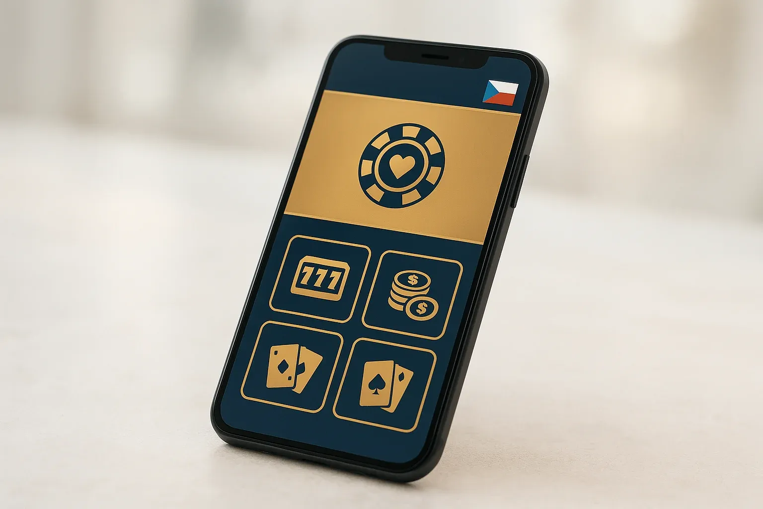 Detail smartphonu s lobby mobilního kasina ve zlaté a námořnické